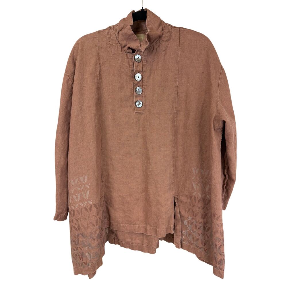 Blue Fish Brown Linen 3/4 Sleeve Painted Pattern Button Up Top ONE SIZE